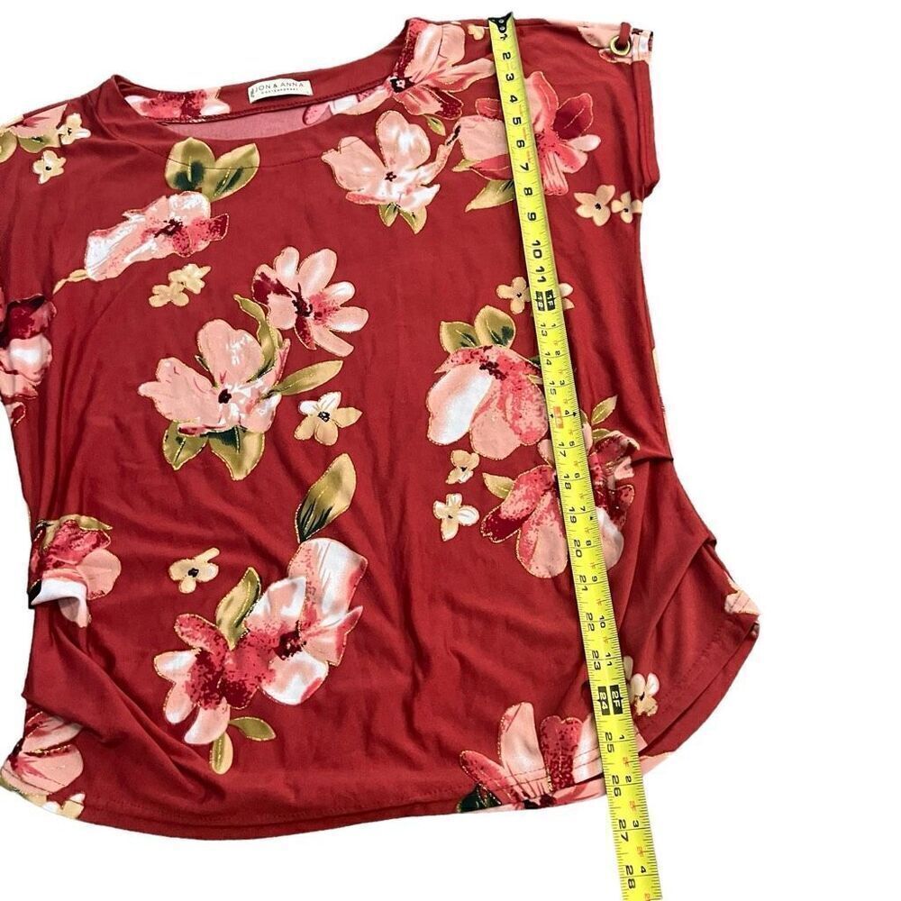 JON & ANNA Red Floral Print Short Sleeve Blouse Size L - Picture 7 of 8